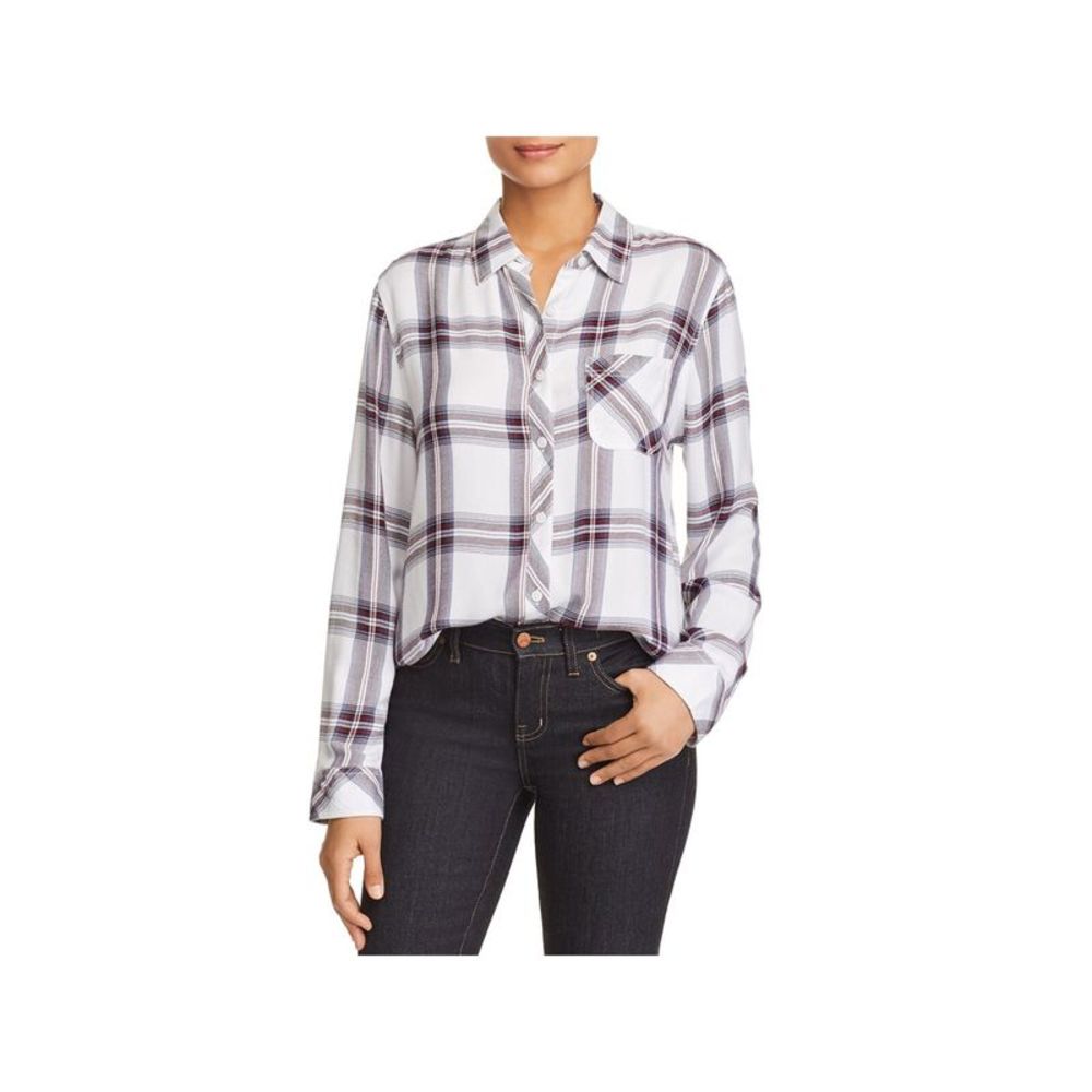 BEACHLUNCHLOUNGE COLLECTION Womens White Easy Care Plaid Button Up Top S